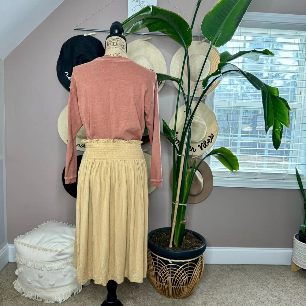 Tan - caramel Kate Quinn smocked waistband women’s skirt